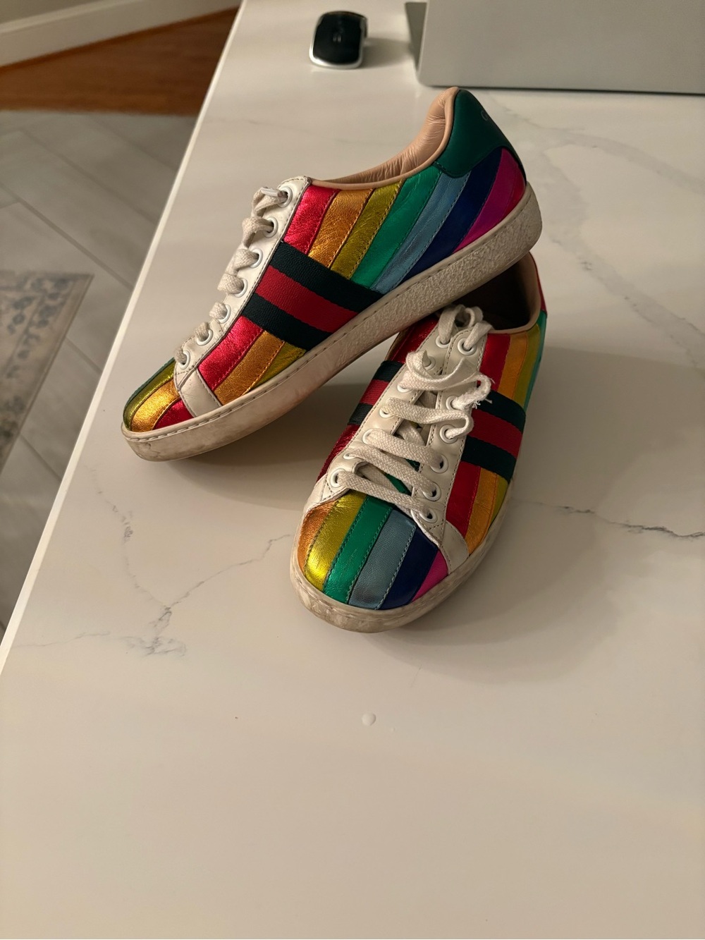 Gucci Multicolor Striped Leather Sneakers with Signature Web